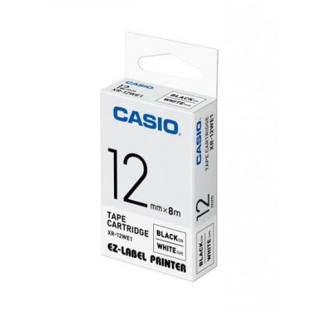 "Casio XR12WE1 Black on White Label Tape - Durable 12mm x 8m, 1 Pack"